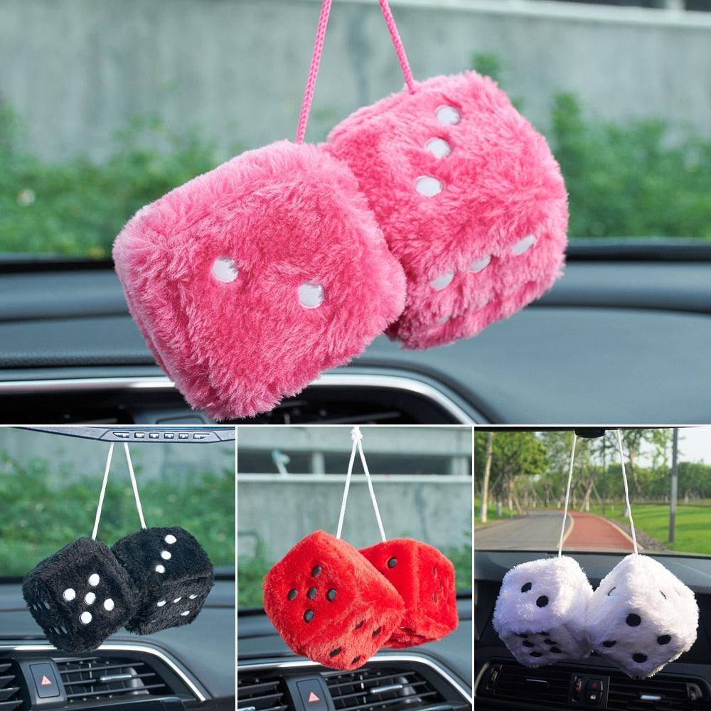 Auto Pendants Fuzzy Plush Dice Dots Rear View Mirror Hanger Cube Decoration Car Styling Accessories Ornament 1 Pair - KinglyDay