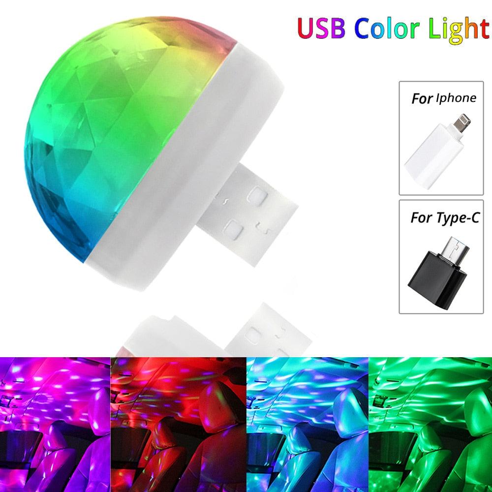 Car USB Ambient Light DJ RGB Mini Colorful Music Sound Led Apple USB Interface Holiday Party Atmosphere Interior Dome Trunk Lamp - KinglyDay