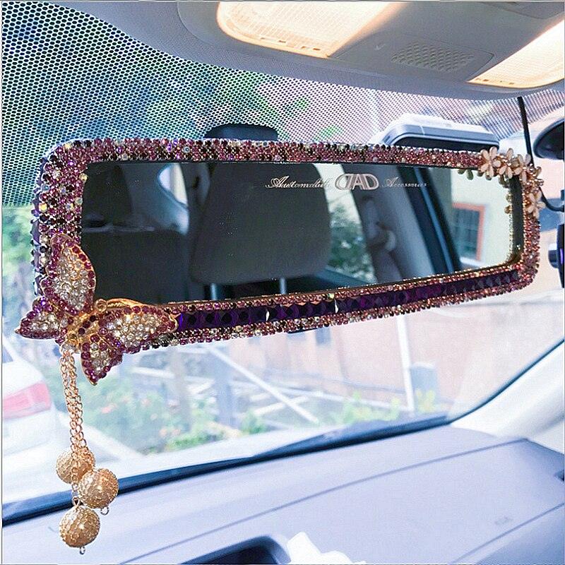 Rhinestone Rearview Mirror Decor Butterfly Car Interior Charm Crystal Bling Diamond Rear View Mirror Cover Auto Accessories - KinglyDay