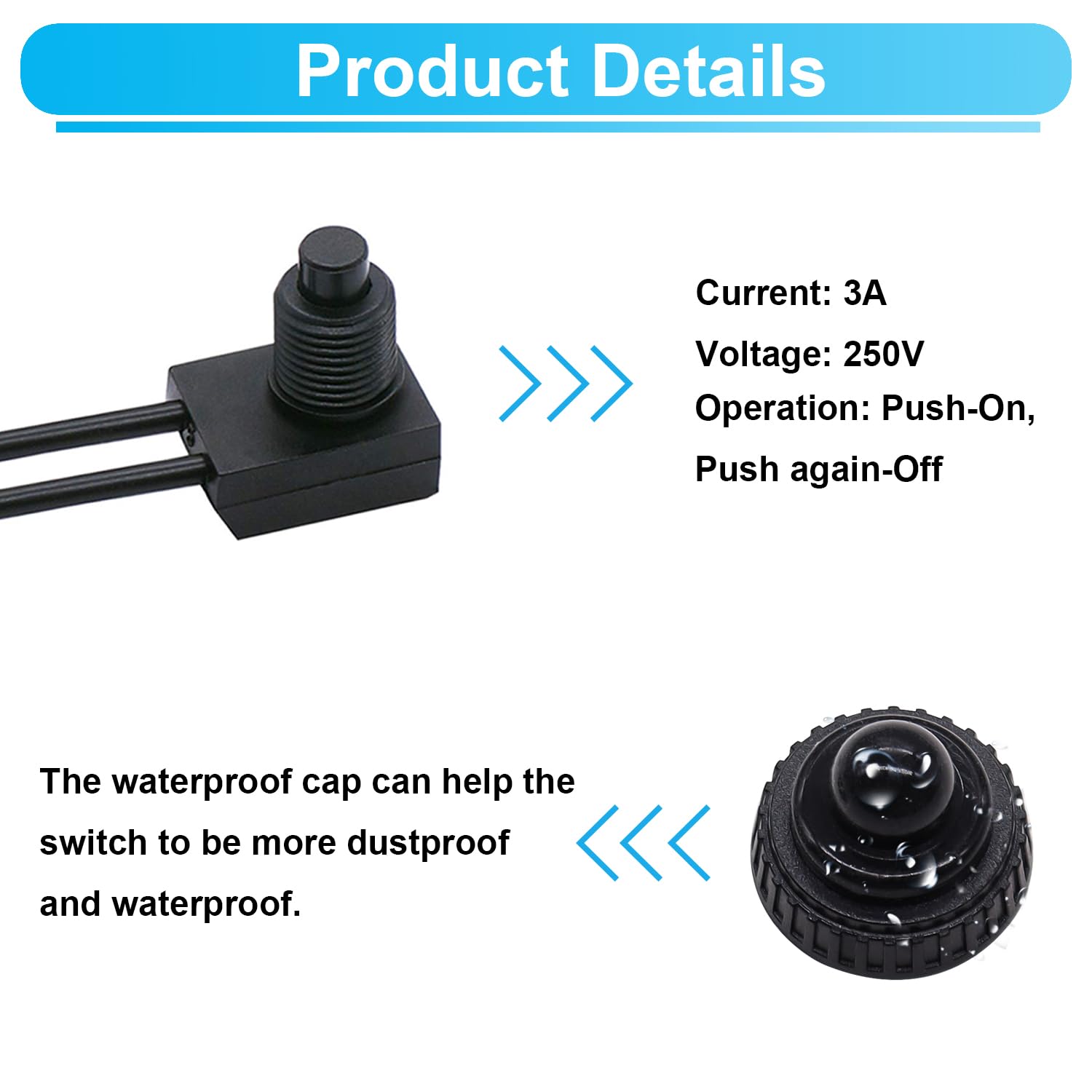 5PCS Waterproof RV Push Button Switch 12V ON/Off SPST Switch for Motorcycle/Auto Car Bathroom Fan with 4.5''Lines KP-107