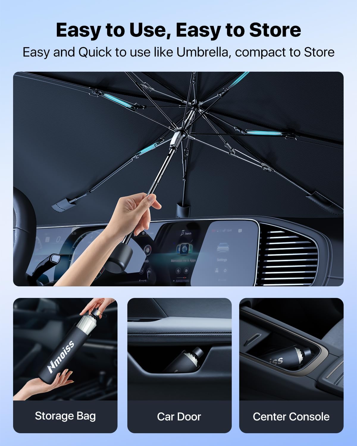 [2024 Upgrade] Nmoiss Windshield Sun Shade Umbrella for Car - [Newest Vinyl Coating] Protect Car from Sun Rays & Heat Damage Keep Cool and Protect Interior