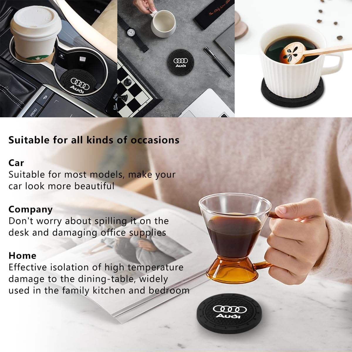 Car Cup Holder Coaster for Audi A1 A3 RS3 A4 A5 A6 A7 RS7 A8 Q3 Q5 Q7 R8 Recessed Silicone Cup holder Coaster Interior Accessories 2.75in 2Pieces