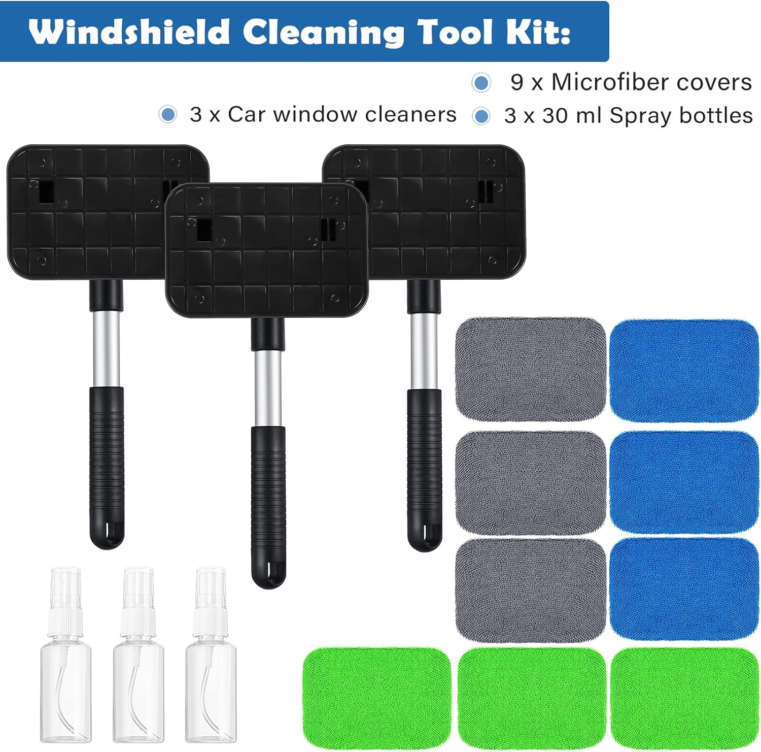 Kinglyday 3 Sets Inside Windshield Cleaner Tool, Car Window Cleaner with 3 Spray Bottles 3 Detachable Handle and 9 Reusable Microfiber Pads for Auto Interior Cleaning