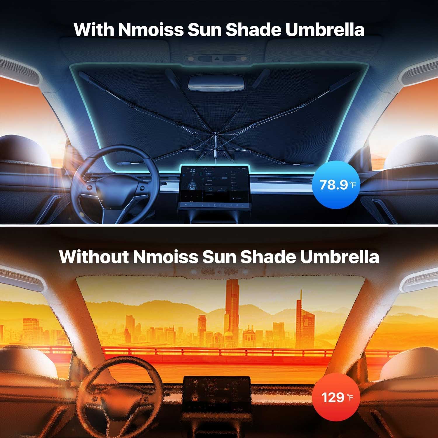 [2024 Upgrade] Nmoiss Windshield Sun Shade Umbrella for Car - [Newest Vinyl Coating] Protect Car from Sun Rays & Heat Damage Keep Cool and Protect Interior