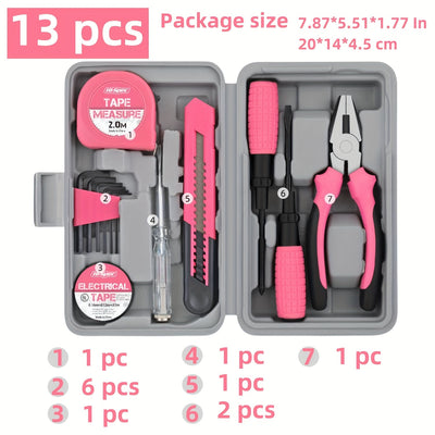 39/13pcs Household DIY Tool Kit for Women - Compact Mini Tool Box Set for Home, Office, and Vehicle Repairs
