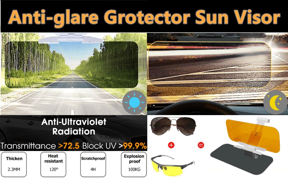 2-in-1 Car Visor, Day And Night Anti-Glare Visor, Automobile Sun Anti-UV Block Visor, Non Glare Anti-Dazzle Sunshade Mirror Goggles Shield For Driving - KinglyDay