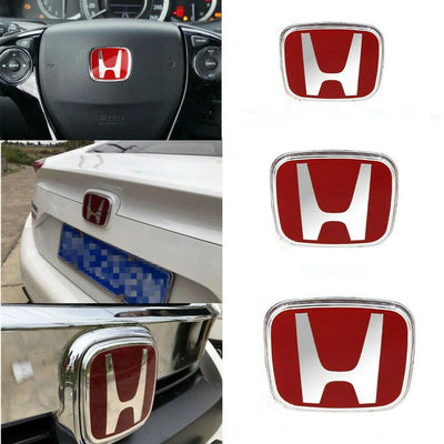 3 x Front + Rear + Steering Red Emblem Fit For HONDA CIVIC SEDAN 2016-2021