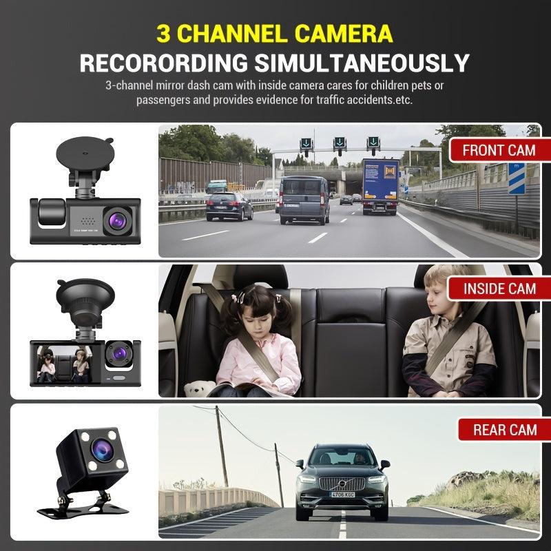 3 Channel Dash Cam Front And Rear Inside, 1080P Dash IR Night Vision, Loop Recording Car DVR Camera With 2 Inch IPS Screen 3 Cameras Car Dashcam - KinglyDay