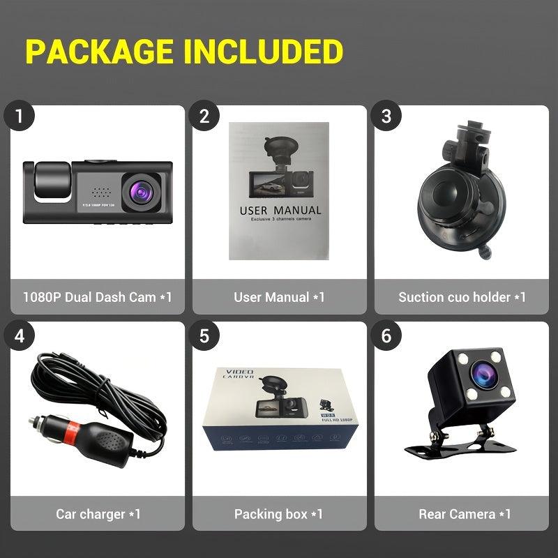 3 Channel Dash Cam Front And Rear Inside, 1080P Dash IR Night Vision, Loop Recording Car DVR Camera With 2 Inch IPS Screen 3 Cameras Car Dashcam - KinglyDay