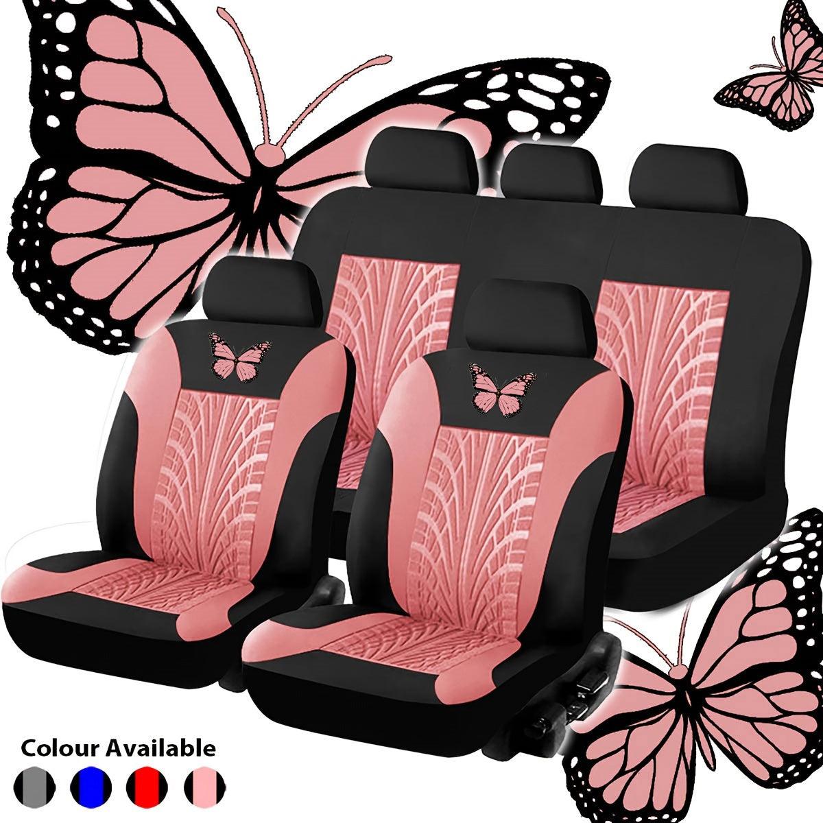 Red, Blue, Beige, Gray, Pink Butterfly Embroidery Universal Car Seat Cover Full Set - KinglyDay