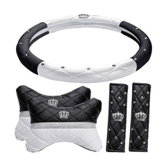 Crown Decoration Bling Black White Car Interior Set, Automotive Steering Wheel Cover, Car Seat Belt Cover, Neck Pillow Kit For Women - KinglyDay