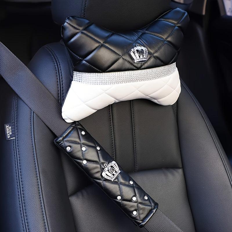 Crown Decoration Bling Black White Car Interior Set, Automotive Steering Wheel Cover, Car Seat Belt Cover, Neck Pillow Kit For Women - KinglyDay