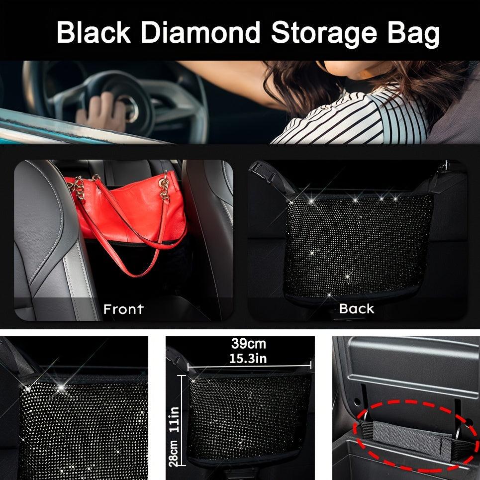 Bling Rhinestone Black Car Organizers Storage Purse Holder, Car Seat Back Net Handbag Accessories For Women, Gifts For Mom, Birthday Gifts Presents - KinglyDay