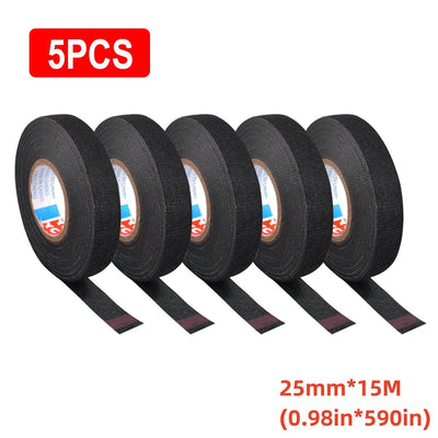 5 Rolls 15m/49.2ft Adhesive Cloth Fabric Tape, Cable Loom Wiring Harness Cloth 15mm 19mm 25mm - KinglyDay