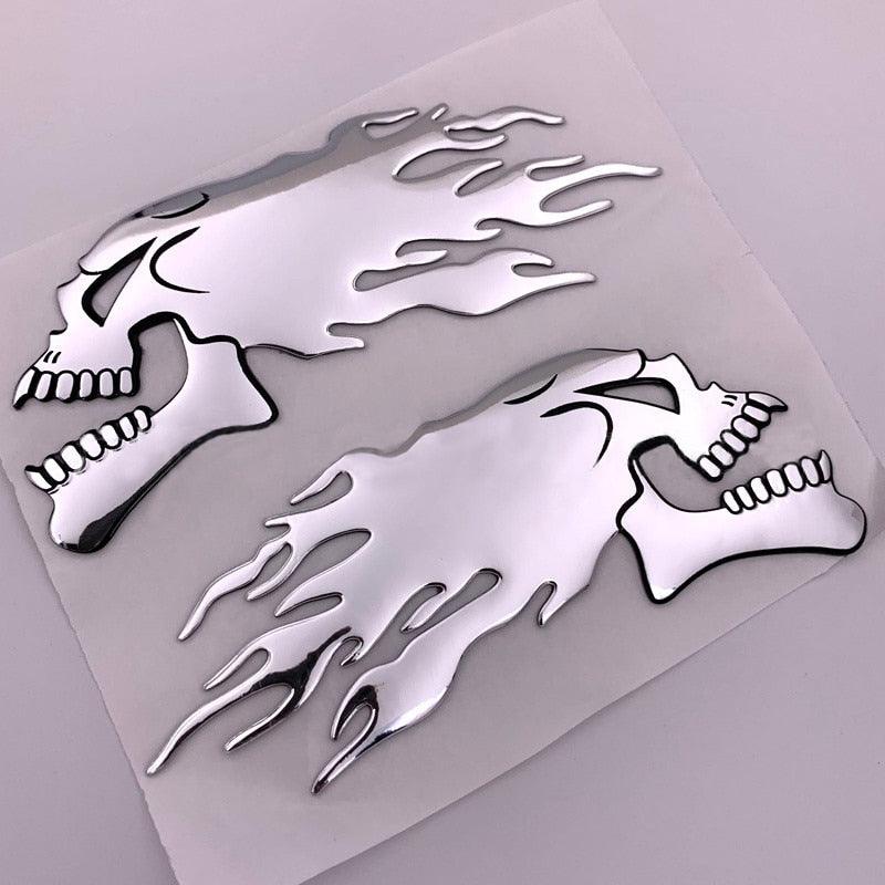 2Pcs/Pair Halloween 3D Silver Chrome Ghost Skull Head Auto Motorcycle Car Sticker Car Styling Decoration Emblem Decals Stickers - KinglyDay