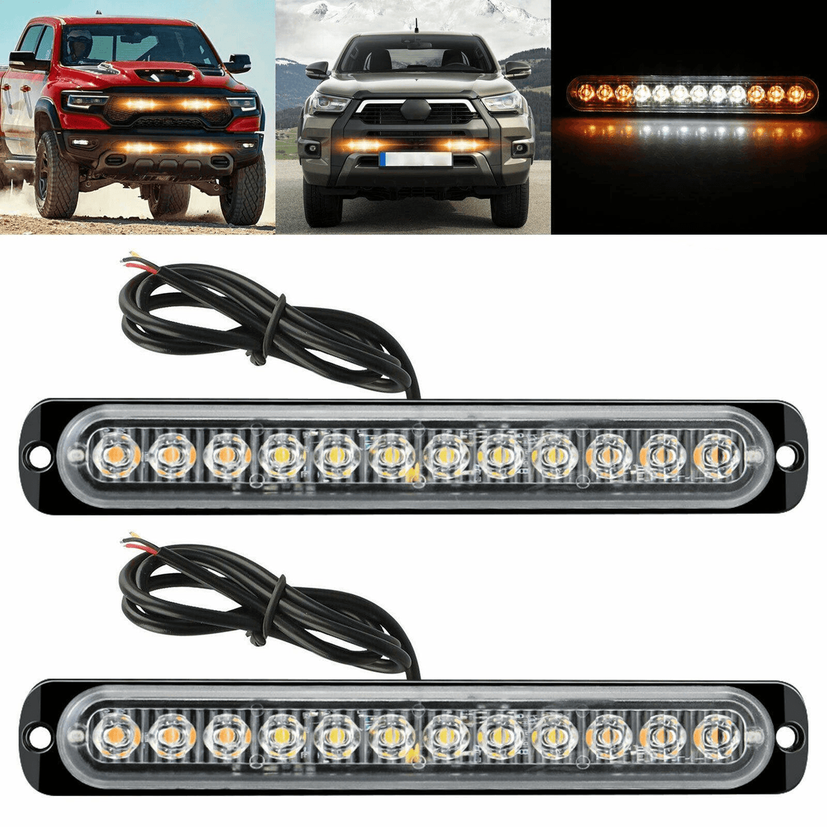 2x Amber/White 12LED Car Truck Emergency Hazard Flash Strobe Dash Warning Light - KinglyDay