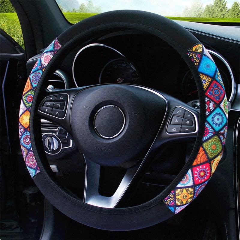 38cm Elastic Car Steering Wheel Cover Ethnic Style Print Anti-sli Car Covers Suite Fashion Trend Car Handle Cover - KinglyDay