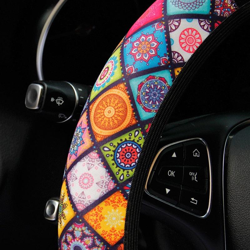 38cm Elastic Car Steering Wheel Cover Ethnic Style Print Anti-sli Car Covers Suite Fashion Trend Car Handle Cover - KinglyDay