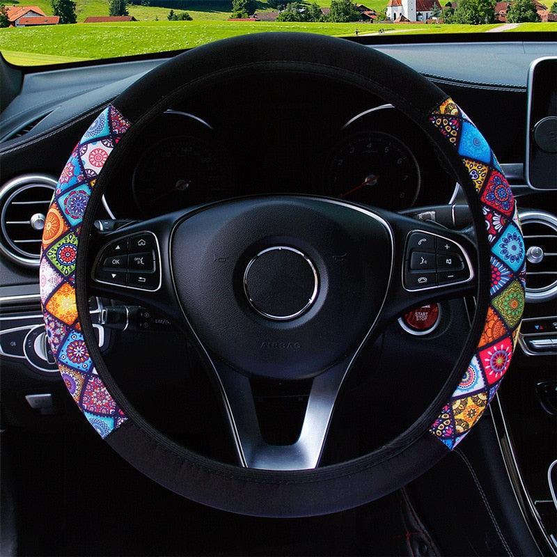 38cm Elastic Car Steering Wheel Cover Ethnic Style Print Anti-sli Car Covers Suite Fashion Trend Car Handle Cover - KinglyDay