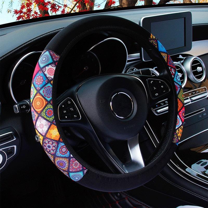 38cm Elastic Car Steering Wheel Cover Ethnic Style Print Anti-sli Car Covers Suite Fashion Trend Car Handle Cover - KinglyDay