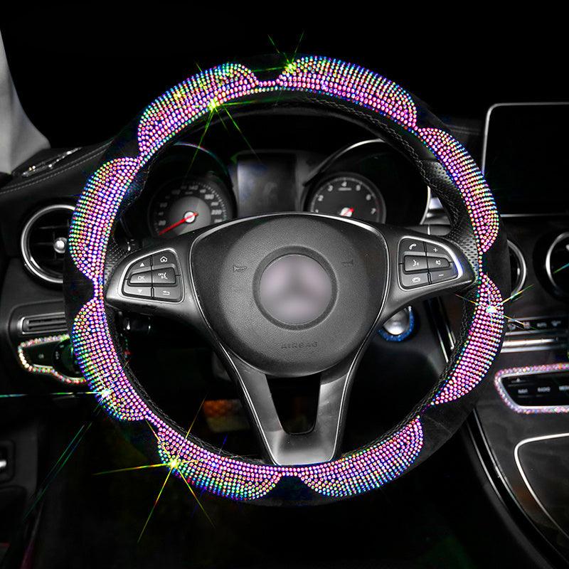 Flower Crystal Colorful Rhinestone Car Steering Wheel Cover, Universal 15 Inch Anti-Slip Bling Car Steering Wheel Protector Car Accessories For Women - KinglyDay