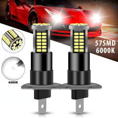 2Pcs H1 57-SMD 6000K Super White 100W 3200LM LED Fog Driving DRL Bulbs Lamp Kit - KinglyDay