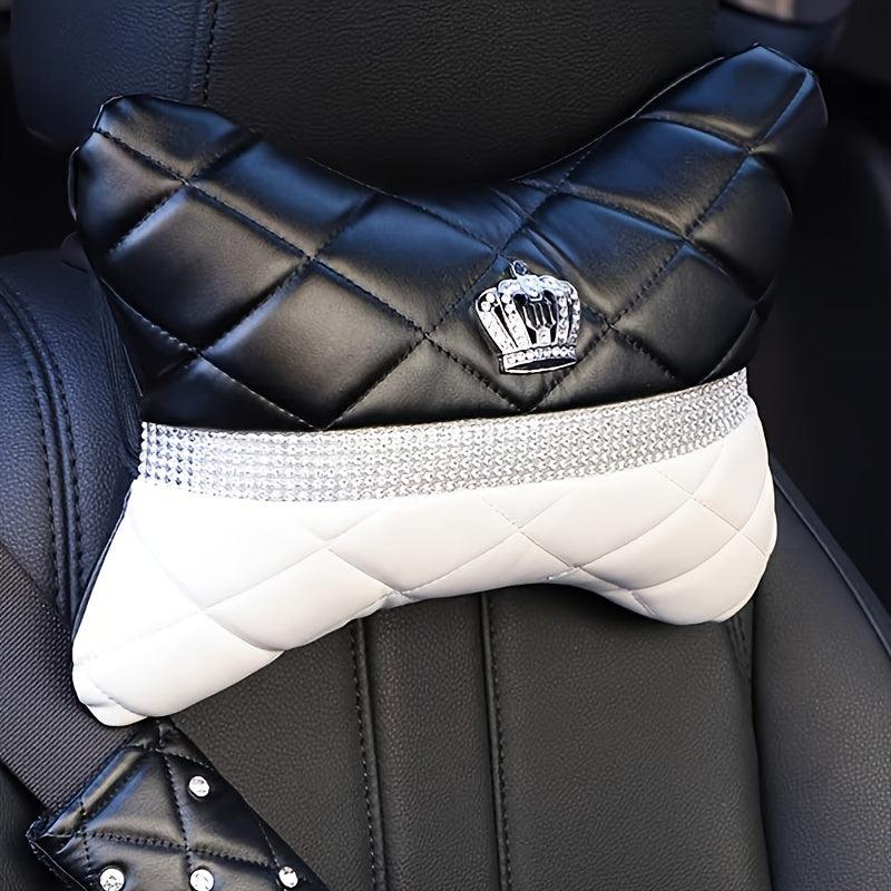 Crown Decoration Bling Black White Car Interior Set, Automotive Steering Wheel Cover, Car Seat Belt Cover, Neck Pillow Kit For Women - KinglyDay