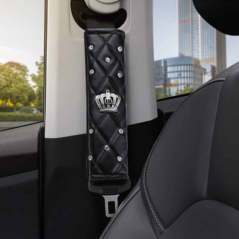 Crown Decoration Bling Black White Car Interior Set, Automotive Steering Wheel Cover, Car Seat Belt Cover, Neck Pillow Kit For Women - KinglyDay