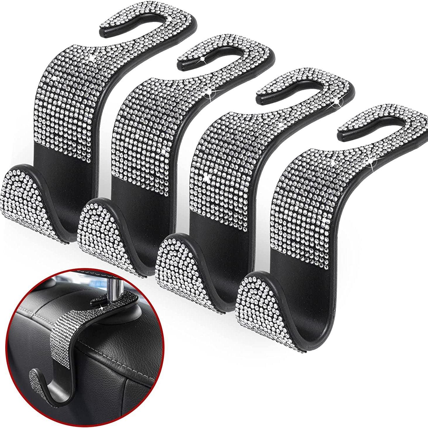 4pcs Crystal Bling Rhinestone Car Back Seat Headrest Hooks Car Purse Bag Holder, Bling Car Interior Accessories For Women And Men - KinglyDay