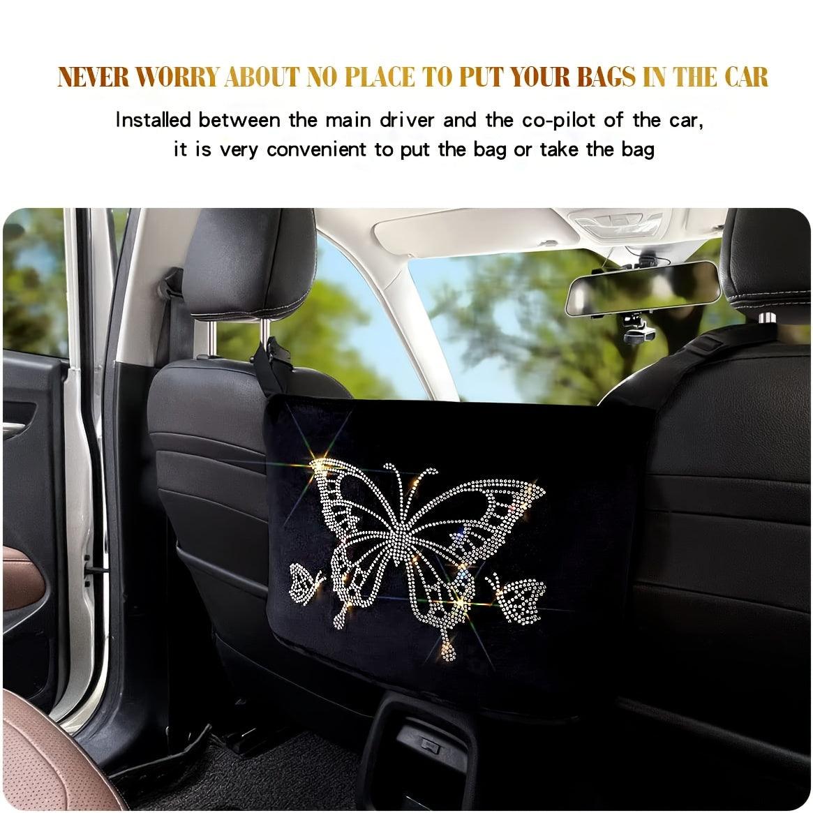 Bling Crystal Car Organizer, Car Handbag Holder Bling Rhinestone Seat Back Hanging Storage Bag Car Trash Pouch Car Accessories For Women Girls - KinglyDay