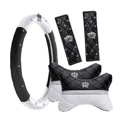 Crown Decoration Bling Black White Car Interior Set, Automotive Steering Wheel Cover, Car Seat Belt Cover, Neck Pillow Kit For Women - KinglyDay