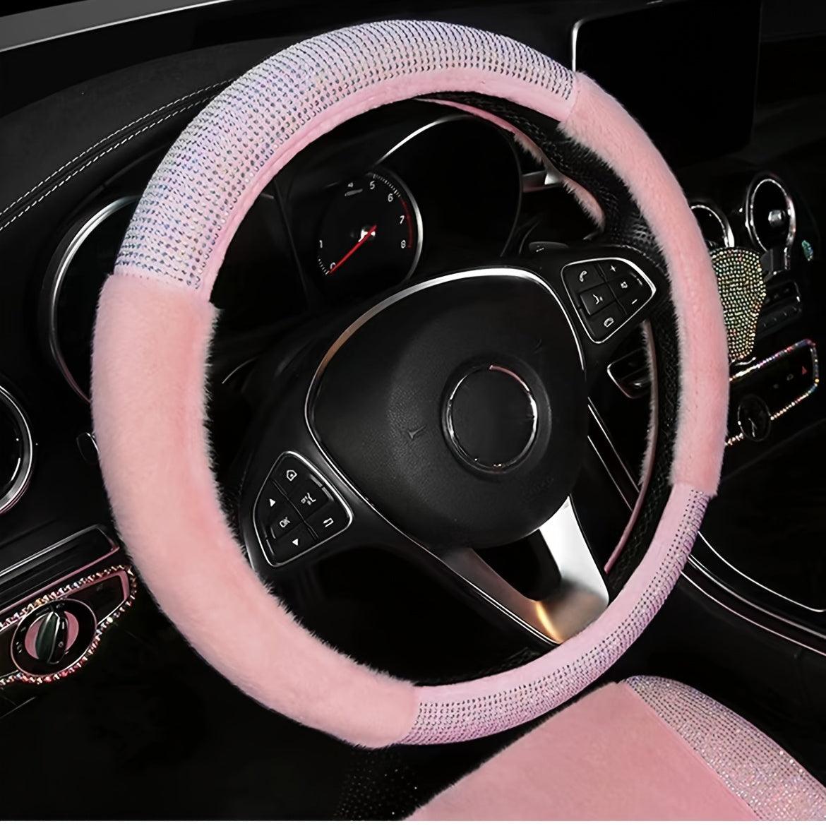 Car Steering Wheel Cover, Pink Plush Bling Rhinestone Elastic Car Steering Wheel Protector Car Accessaries For Women Ladies Girls, Without Inner Ring - KinglyDay