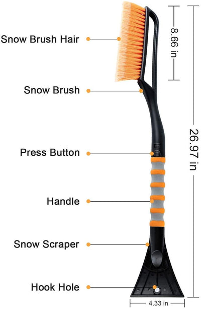 27" Snow Brush and Detachable Ice Scraper with Ergonomic Foam Grip for Cars, Trucks, SUVs - KinglyDay