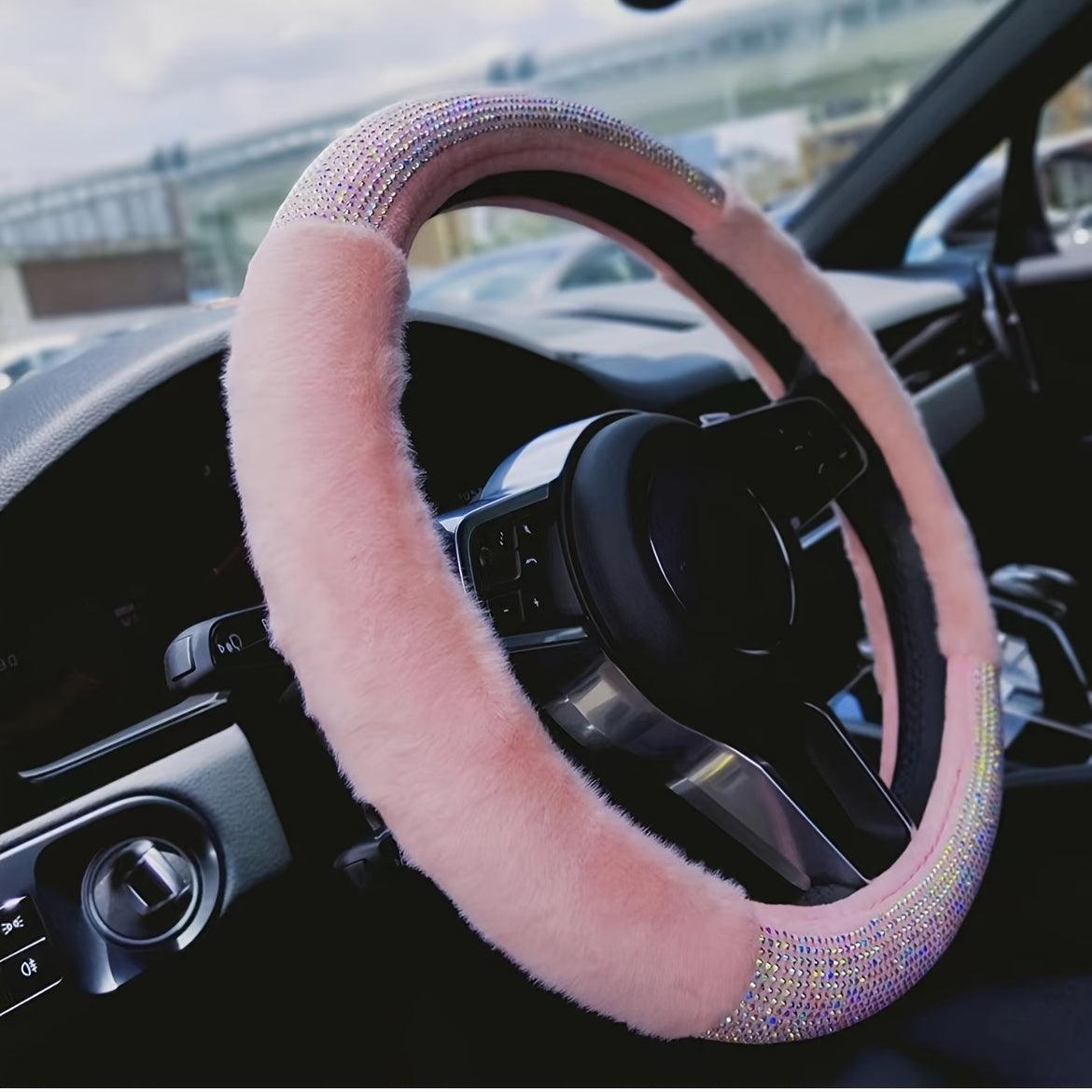 Car Steering Wheel Cover, Pink Plush Bling Rhinestone Elastic Car Steering Wheel Protector Car Accessaries For Women Ladies Girls, Without Inner Ring - KinglyDay