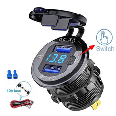 Quick Charge QC 3.0 36W Car Waterproof Dual USB Charger Socket With Switch Voltmeter For 12V/24 Motorcycle ATV Boat Truck - KinglyDay