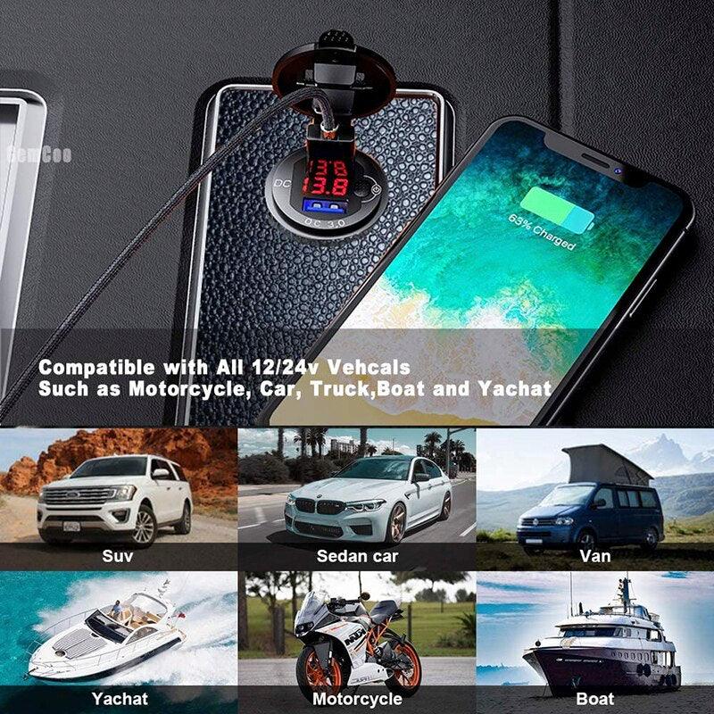 Quick Charge QC 3.0 36W Car Waterproof Dual USB Charger Socket With Switch Voltmeter For 12V/24 Motorcycle ATV Boat Truck - KinglyDay