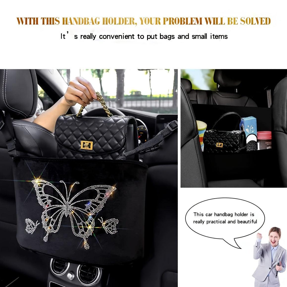 Bling Crystal Car Organizer, Car Handbag Holder Bling Rhinestone Seat Back Hanging Storage Bag Car Trash Pouch Car Accessories For Women Girls - KinglyDay