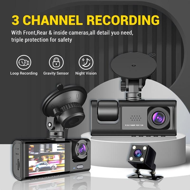 3 Channel Dash Cam Front And Rear Inside, 1080P Dash IR Night Vision, Loop Recording Car DVR Camera With 2 Inch IPS Screen 3 Cameras Car Dashcam - KinglyDay