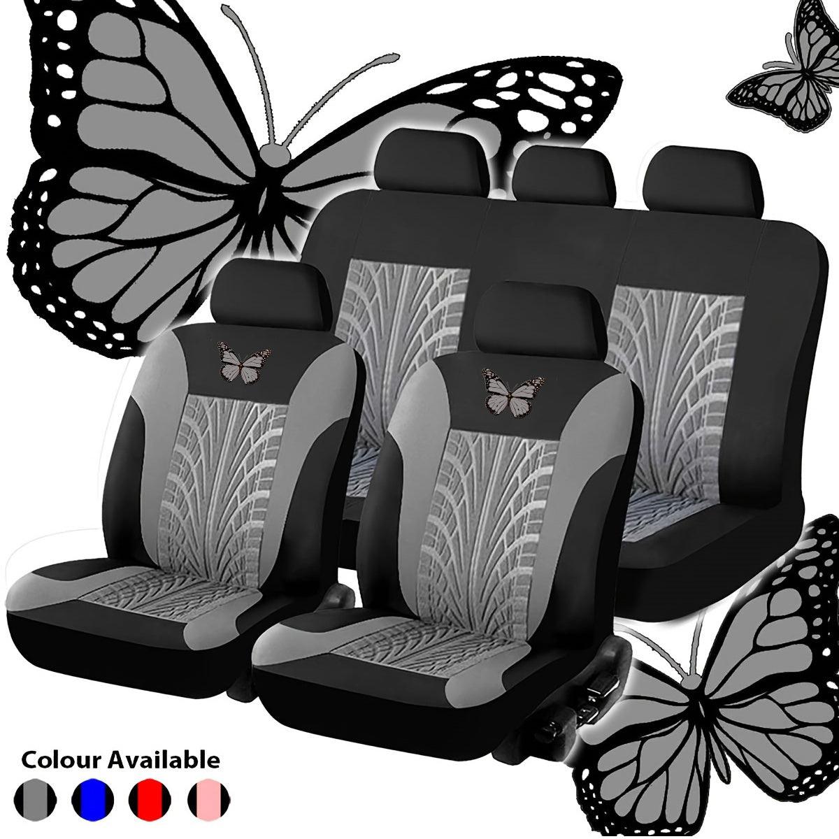 Red, Blue, Beige, Gray, Pink Butterfly Embroidery Universal Car Seat Cover Full Set - KinglyDay