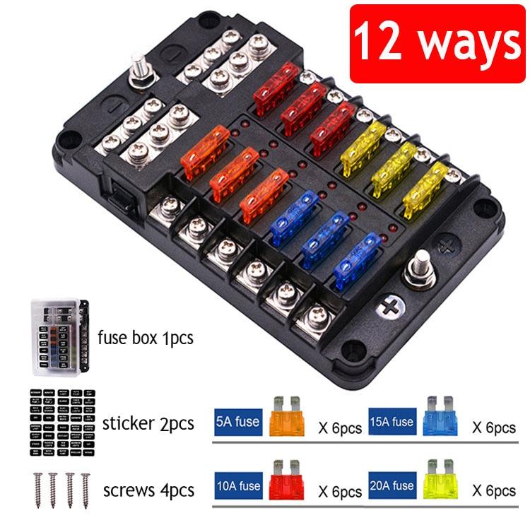 Car Boat Fuse Box Holder With 6 Ways 12 Ways Blade Fuse Holder Block & Warning Indicator 12V 36V Power Distribution Panel Board - KinglyDay