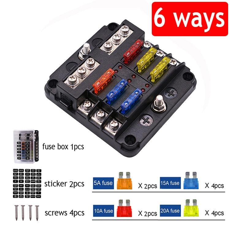 Car Boat Fuse Box Holder With 6 Ways 12 Ways Blade Fuse Holder Block & Warning Indicator 12V 36V Power Distribution Panel Board - KinglyDay