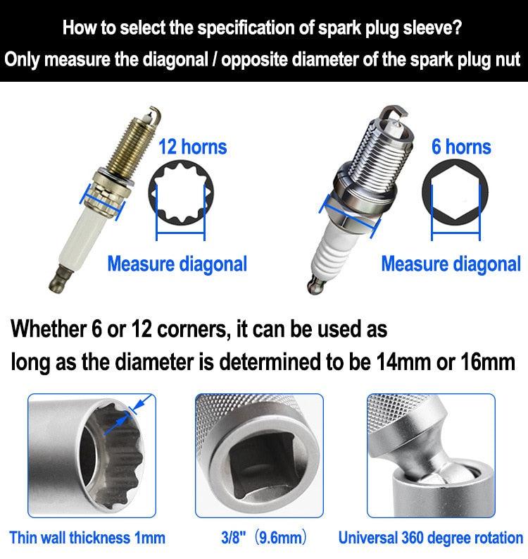 Socket Wrench Magnetic 12 Angle Repairing Removal Tool Thin Wall 3/8" Drive Sockets for 14/16mm Spark Plug - KinglyDay