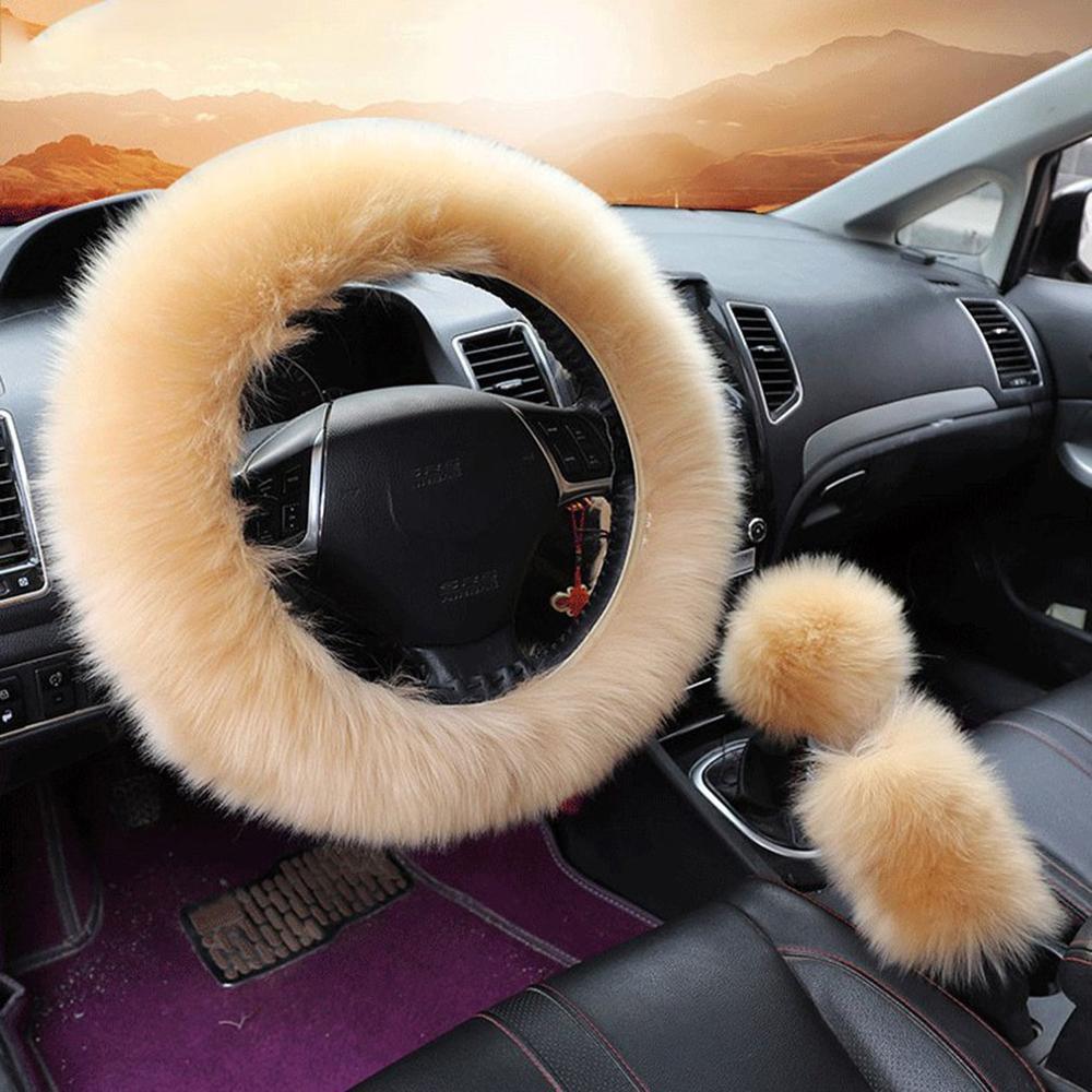 38cm Solid Soft Warm Long Wool Fuzzy Steering Wheel Cover Woolen Handbrake Car Accessory Sheep Fur Plush Protector Cover Kit - KinglyDay