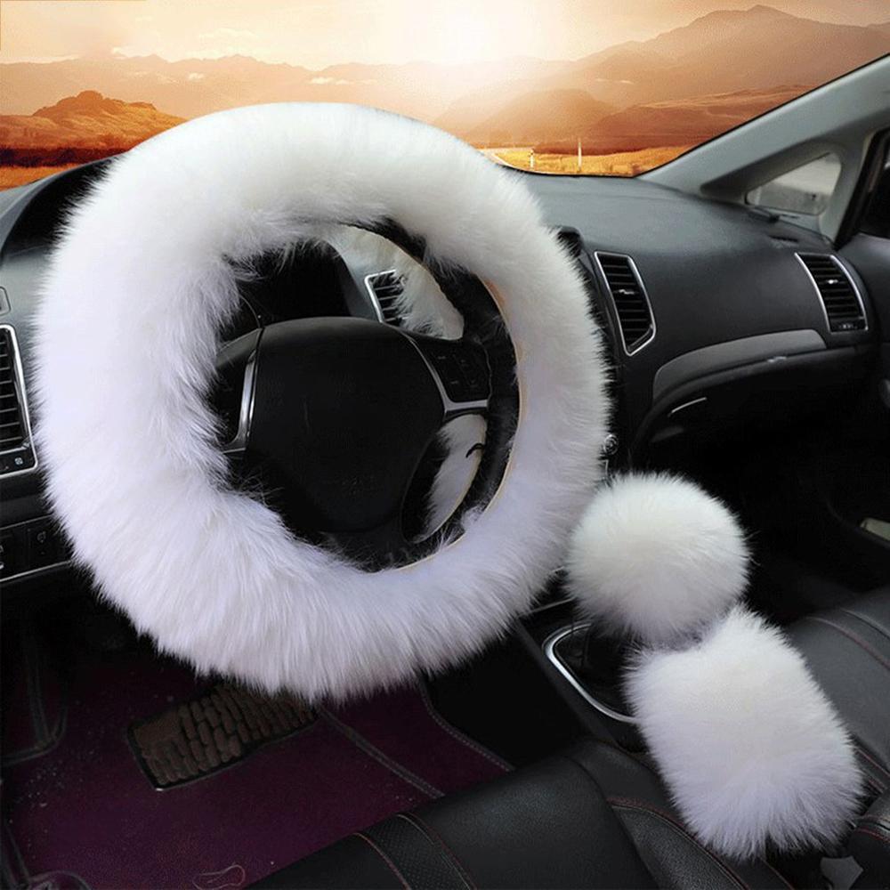 38cm Solid Soft Warm Long Wool Fuzzy Steering Wheel Cover Woolen Handbrake Car Accessory Sheep Fur Plush Protector Cover Kit - KinglyDay