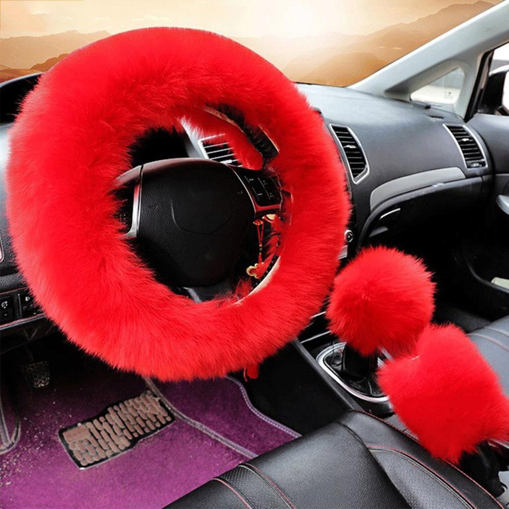 38cm Solid Soft Warm Long Wool Fuzzy Steering Wheel Cover Woolen Handbrake Car Accessory Sheep Fur Plush Protector Cover Kit - KinglyDay