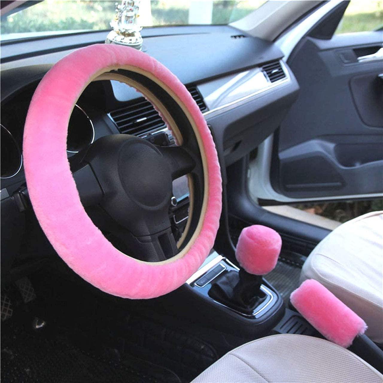 38cm Solid Soft Warm Long Wool Fuzzy Steering Wheel Cover Woolen Handbrake Car Accessory Sheep Fur Plush Protector Cover Kit - KinglyDay