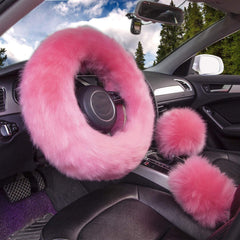 38cm Solid Soft Warm Long Wool Fuzzy Steering Wheel Cover Woolen Handbrake Car Accessory Sheep Fur Plush Protector Cover Kit - KinglyDay