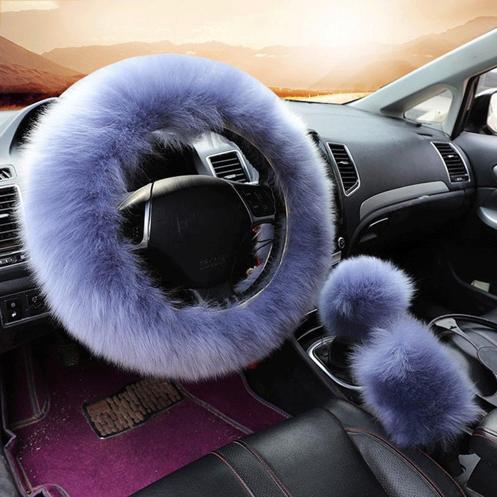 38cm Solid Soft Warm Long Wool Fuzzy Steering Wheel Cover Woolen Handbrake Car Accessory Sheep Fur Plush Protector Cover Kit - KinglyDay