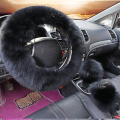 38cm Solid Soft Warm Long Wool Fuzzy Steering Wheel Cover Woolen Handbrake Car Accessory Sheep Fur Plush Protector Cover Kit - KinglyDay