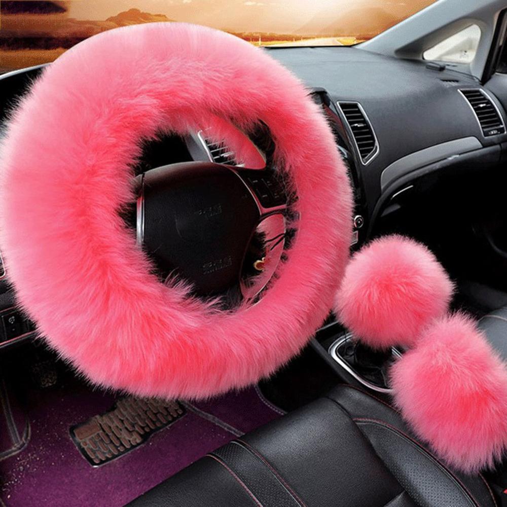 38cm Solid Soft Warm Long Wool Fuzzy Steering Wheel Cover Woolen Handbrake Car Accessory Sheep Fur Plush Protector Cover Kit - KinglyDay